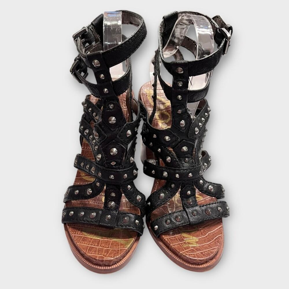 SAM EDELMAN Keith Black Leather Studded Heeled Sandals Size 7.5 - Picture 4 of 9
